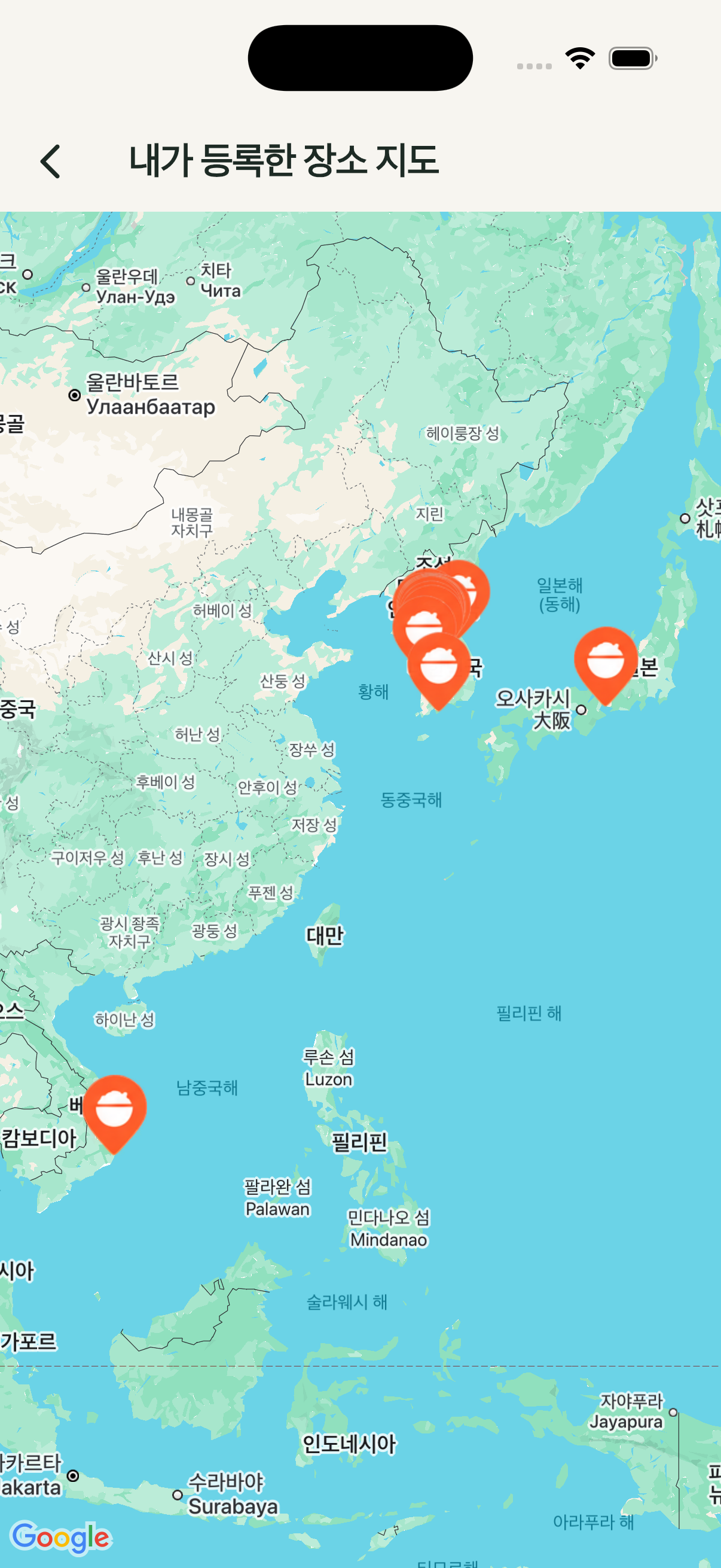 내가 등록한 장소를 지도에서 보는 화면